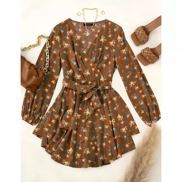 imageZESICA Womens Wrap V Neck Dress Long Sleeve 2023 Tie Waist Ruffle Hem Cocktail Wedding Party Swing Mini DressesDarkbrown
