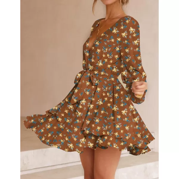 imageZESICA Womens Wrap V Neck Dress Long Sleeve 2023 Tie Waist Ruffle Hem Cocktail Wedding Party Swing Mini DressesDarkbrown