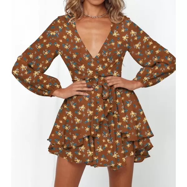 imageZESICA Womens Wrap V Neck Dress Long Sleeve 2023 Tie Waist Ruffle Hem Cocktail Wedding Party Swing Mini DressesDarkbrown