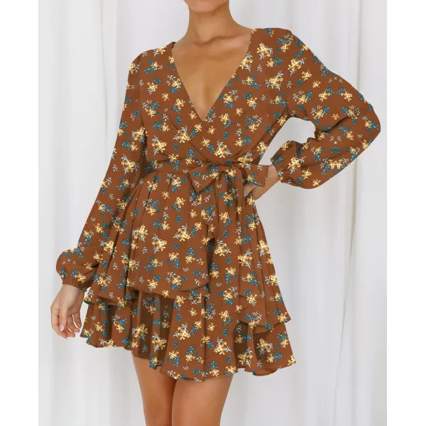 imageZESICA Womens Wrap V Neck Dress Long Sleeve 2023 Tie Waist Ruffle Hem Cocktail Wedding Party Swing Mini DressesDarkbrown