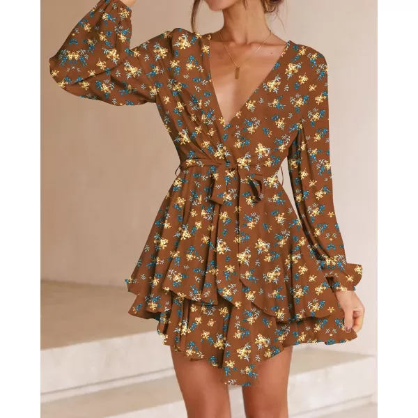 imageZESICA Womens Wrap V Neck Dress Long Sleeve 2023 Tie Waist Ruffle Hem Cocktail Wedding Party Swing Mini DressesDarkbrown