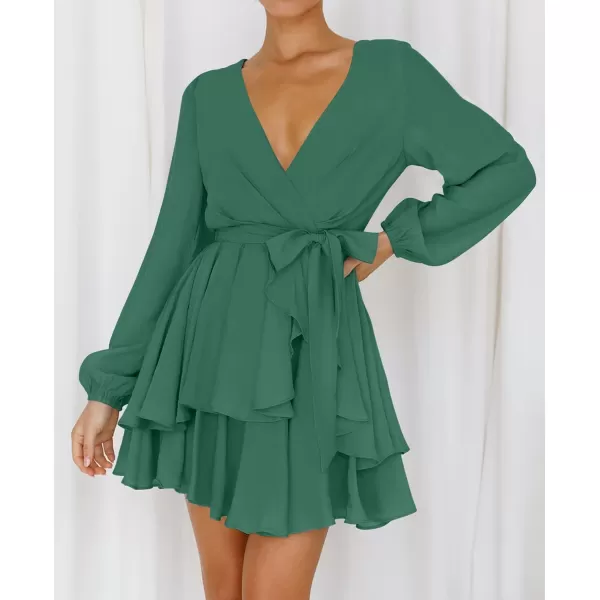 imageZESICA Womens Wrap V Neck Dress Long Sleeve 2023 Tie Waist Ruffle Hem Cocktail Wedding Party Swing Mini DressesForestgreen