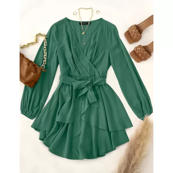 imageZESICA Womens Wrap V Neck Dress Long Sleeve 2023 Tie Waist Ruffle Hem Cocktail Wedding Party Swing Mini DressesForestgreen