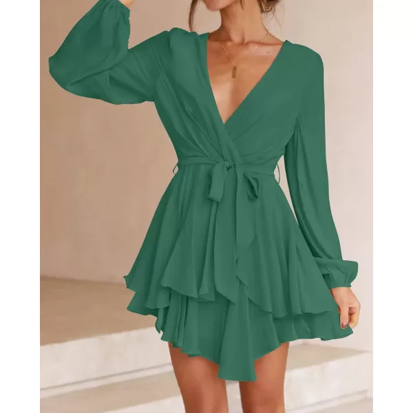 imageZESICA Womens Wrap V Neck Dress Long Sleeve 2023 Tie Waist Ruffle Hem Cocktail Wedding Party Swing Mini DressesForestgreen