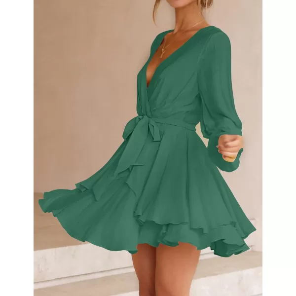 imageZESICA Womens Wrap V Neck Dress Long Sleeve 2023 Tie Waist Ruffle Hem Cocktail Wedding Party Swing Mini DressesForestgreen