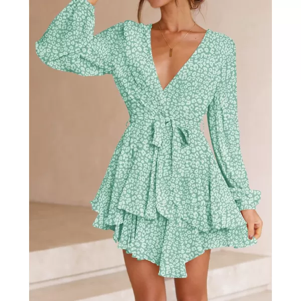 imageZESICA Womens Wrap V Neck Dress Long Sleeve 2023 Tie Waist Ruffle Hem Cocktail Wedding Party Swing Mini DressesGreen