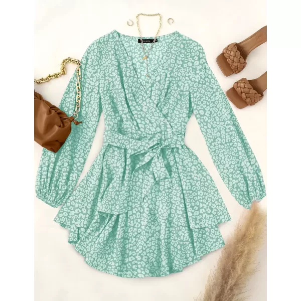 imageZESICA Womens Wrap V Neck Dress Long Sleeve 2023 Tie Waist Ruffle Hem Cocktail Wedding Party Swing Mini DressesGreen