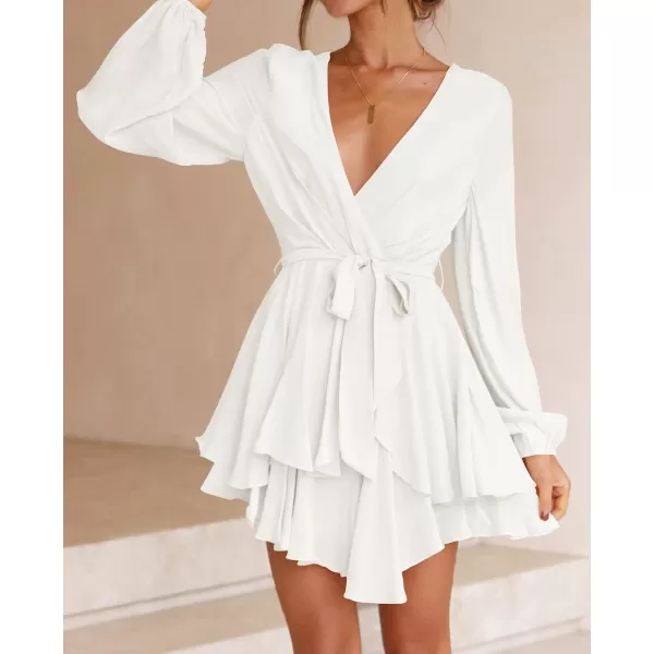 imageZESICA Womens Wrap V Neck Dress Long Sleeve 2023 Tie Waist Ruffle Hem Cocktail Wedding Party Swing Mini DressesIvory