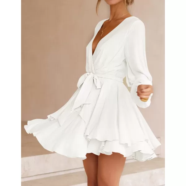 imageZESICA Womens Wrap V Neck Dress Long Sleeve 2023 Tie Waist Ruffle Hem Cocktail Wedding Party Swing Mini DressesIvory