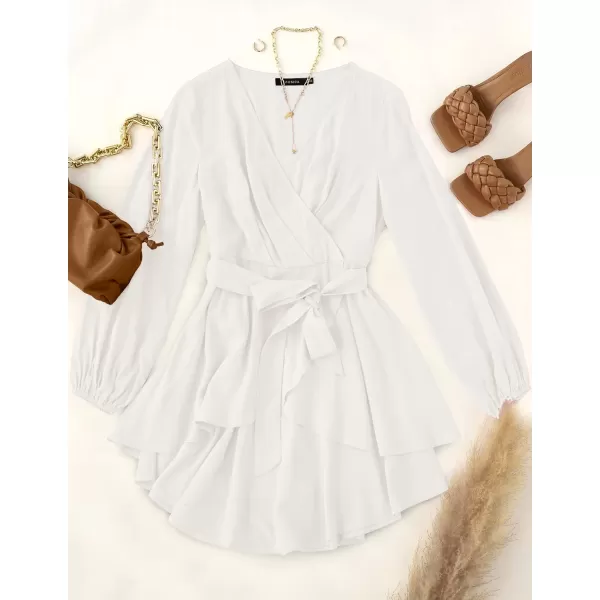 imageZESICA Womens Wrap V Neck Dress Long Sleeve 2023 Tie Waist Ruffle Hem Cocktail Wedding Party Swing Mini DressesIvory