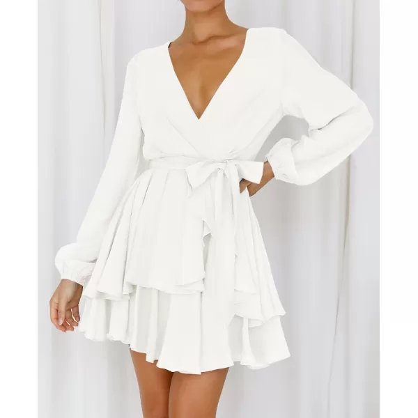imageZESICA Womens Wrap V Neck Dress Long Sleeve 2023 Tie Waist Ruffle Hem Cocktail Wedding Party Swing Mini DressesIvory
