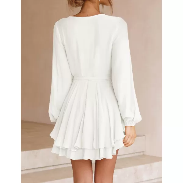 imageZESICA Womens Wrap V Neck Dress Long Sleeve 2023 Tie Waist Ruffle Hem Cocktail Wedding Party Swing Mini DressesIvory