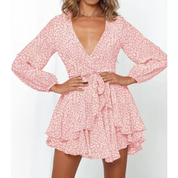 imageZESICA Womens Wrap V Neck Dress Long Sleeve 2023 Tie Waist Ruffle Hem Cocktail Wedding Party Swing Mini DressesLightpink