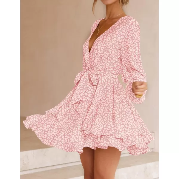 imageZESICA Womens Wrap V Neck Dress Long Sleeve 2023 Tie Waist Ruffle Hem Cocktail Wedding Party Swing Mini DressesLightpink