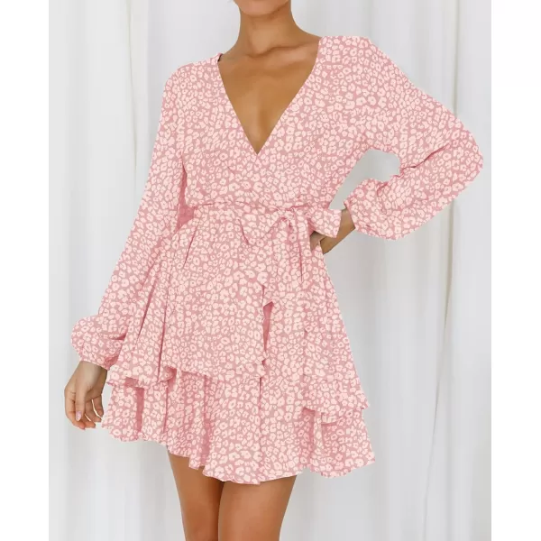 imageZESICA Womens Wrap V Neck Dress Long Sleeve 2023 Tie Waist Ruffle Hem Cocktail Wedding Party Swing Mini DressesLightpink