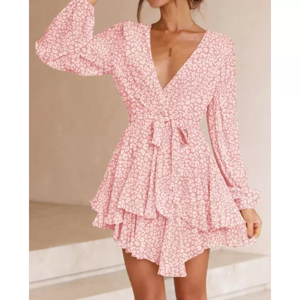 imageZESICA Womens Wrap V Neck Dress Long Sleeve 2023 Tie Waist Ruffle Hem Cocktail Wedding Party Swing Mini DressesLightpink