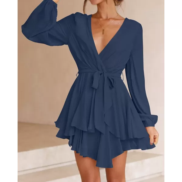 imageZESICA Womens Wrap V Neck Dress Long Sleeve 2023 Tie Waist Ruffle Hem Cocktail Wedding Party Swing Mini DressesNavy