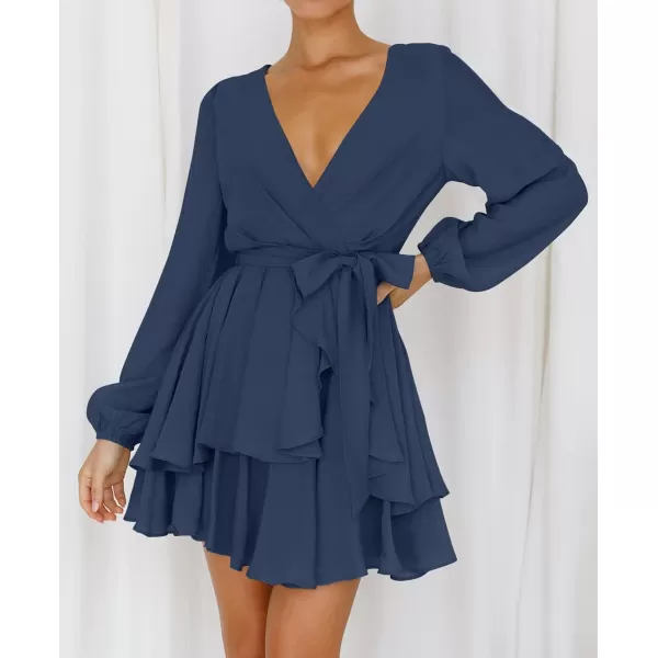 imageZESICA Womens Wrap V Neck Dress Long Sleeve 2023 Tie Waist Ruffle Hem Cocktail Wedding Party Swing Mini DressesNavy