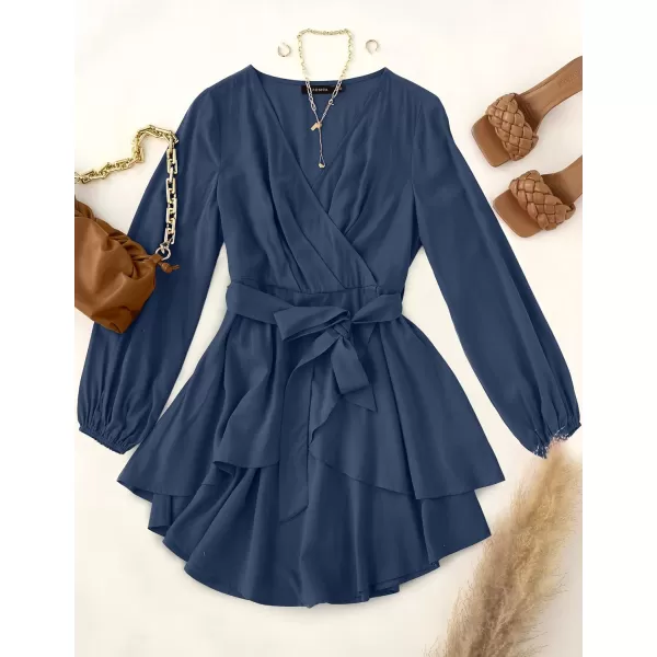 imageZESICA Womens Wrap V Neck Dress Long Sleeve 2023 Tie Waist Ruffle Hem Cocktail Wedding Party Swing Mini DressesNavy