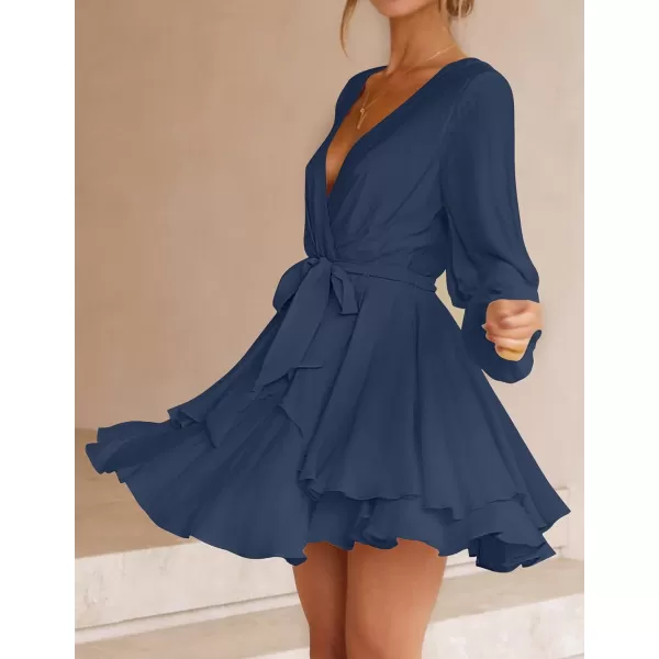 imageZESICA Womens Wrap V Neck Dress Long Sleeve 2023 Tie Waist Ruffle Hem Cocktail Wedding Party Swing Mini DressesNavy