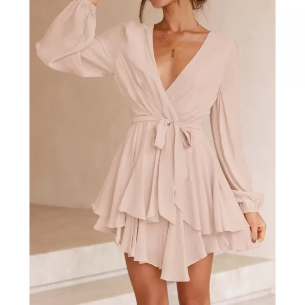 imageZESICA Womens Wrap V Neck Dress Long Sleeve 2023 Tie Waist Ruffle Hem Cocktail Wedding Party Swing Mini DressesPink