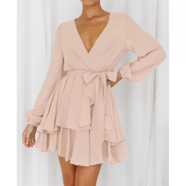 imageZESICA Womens Wrap V Neck Dress Long Sleeve 2023 Tie Waist Ruffle Hem Cocktail Wedding Party Swing Mini DressesPink