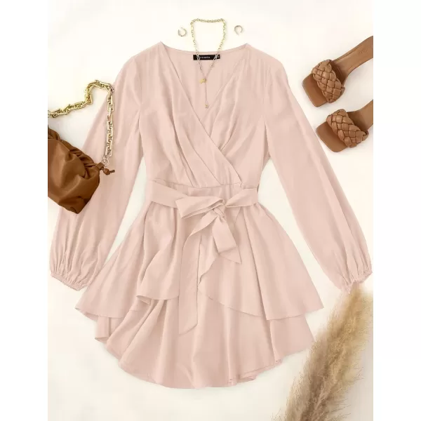 imageZESICA Womens Wrap V Neck Dress Long Sleeve 2023 Tie Waist Ruffle Hem Cocktail Wedding Party Swing Mini DressesPink