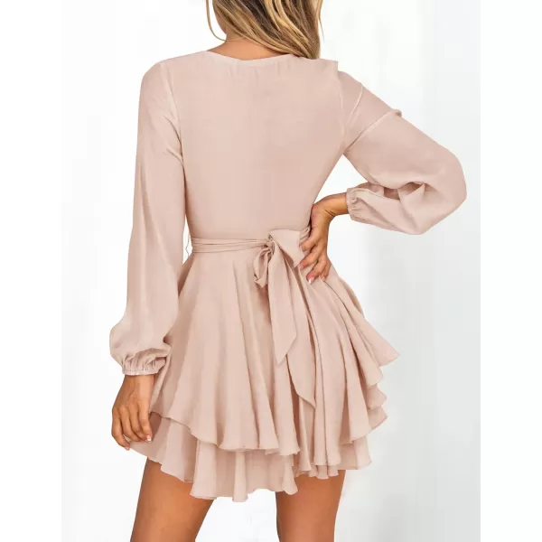 imageZESICA Womens Wrap V Neck Dress Long Sleeve 2023 Tie Waist Ruffle Hem Cocktail Wedding Party Swing Mini DressesPink