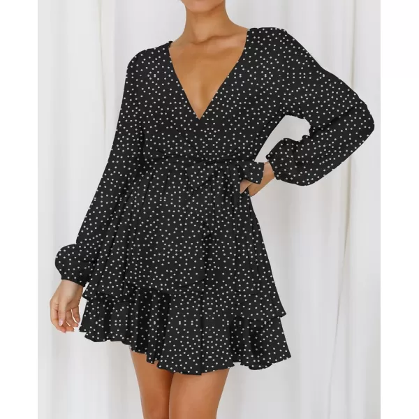 imageZESICA Womens Wrap V Neck Dress Long Sleeve 2023 Tie Waist Ruffle Hem Cocktail Wedding Party Swing Mini DressesPolkadotblack