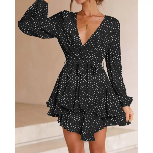 imageZESICA Womens Wrap V Neck Dress Long Sleeve 2023 Tie Waist Ruffle Hem Cocktail Wedding Party Swing Mini DressesPolkadotblack