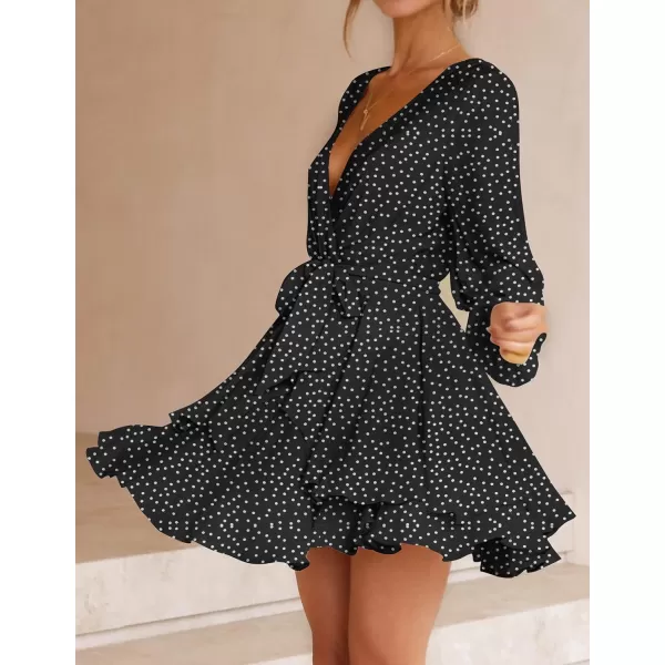 imageZESICA Womens Wrap V Neck Dress Long Sleeve 2023 Tie Waist Ruffle Hem Cocktail Wedding Party Swing Mini DressesPolkadotblack