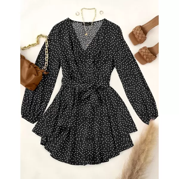 imageZESICA Womens Wrap V Neck Dress Long Sleeve 2023 Tie Waist Ruffle Hem Cocktail Wedding Party Swing Mini DressesPolkadotblack