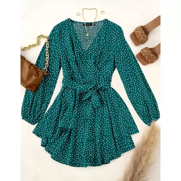 imageZESICA Womens Wrap V Neck Dress Long Sleeve 2023 Tie Waist Ruffle Hem Cocktail Wedding Party Swing Mini DressesPolkadotgreen