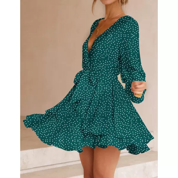 imageZESICA Womens Wrap V Neck Dress Long Sleeve 2023 Tie Waist Ruffle Hem Cocktail Wedding Party Swing Mini DressesPolkadotgreen