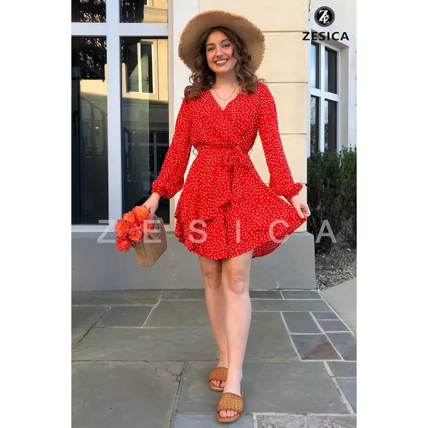 imageZESICA Womens Wrap V Neck Dress Long Sleeve 2023 Tie Waist Ruffle Hem Cocktail Wedding Party Swing Mini DressesPolkadotred
