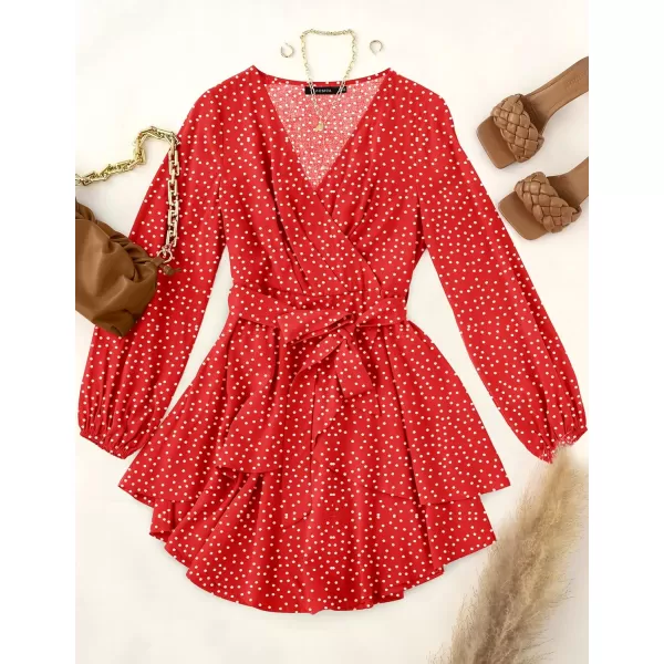 imageZESICA Womens Wrap V Neck Dress Long Sleeve 2023 Tie Waist Ruffle Hem Cocktail Wedding Party Swing Mini DressesPolkadotred