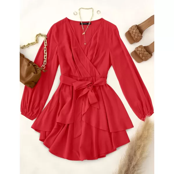 imageZESICA Womens Wrap V Neck Dress Long Sleeve 2023 Tie Waist Ruffle Hem Cocktail Wedding Party Swing Mini DressesRed