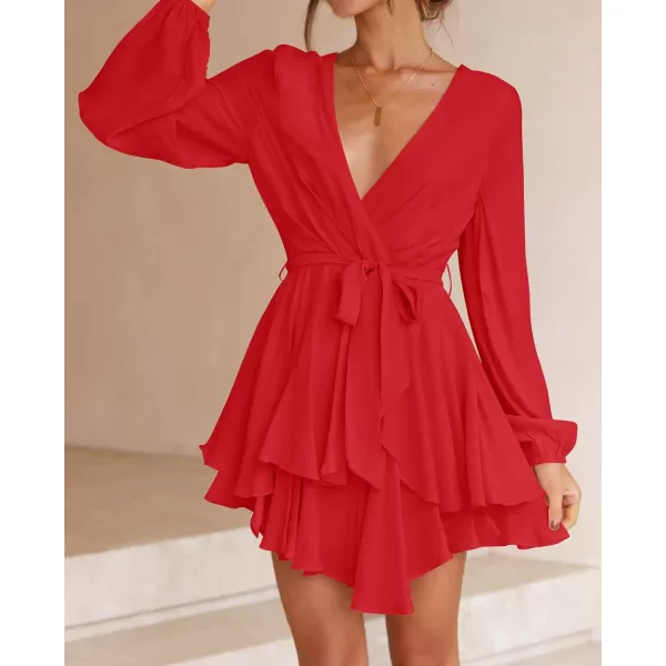 imageZESICA Womens Wrap V Neck Dress Long Sleeve 2023 Tie Waist Ruffle Hem Cocktail Wedding Party Swing Mini DressesRed