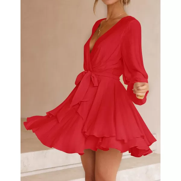 imageZESICA Womens Wrap V Neck Dress Long Sleeve 2023 Tie Waist Ruffle Hem Cocktail Wedding Party Swing Mini DressesRed