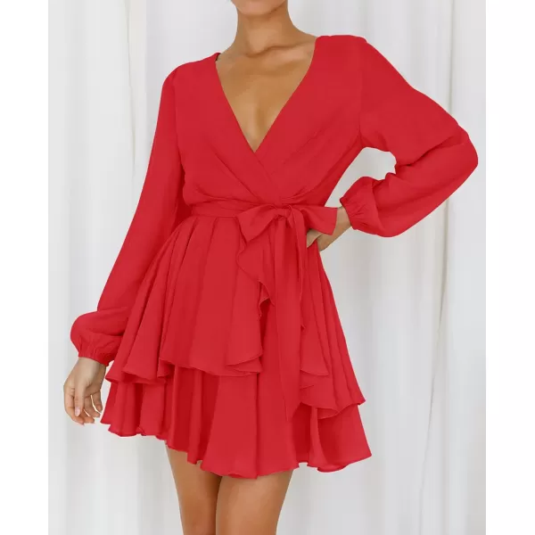 imageZESICA Womens Wrap V Neck Dress Long Sleeve 2023 Tie Waist Ruffle Hem Cocktail Wedding Party Swing Mini DressesRed