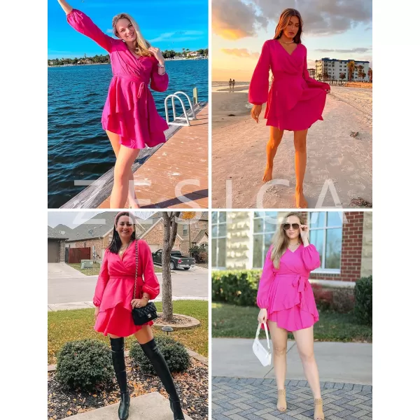imageZESICA Womens Wrap V Neck Dress Long Sleeve 2023 Tie Waist Ruffle Hem Cocktail Wedding Party Swing Mini DressesRose