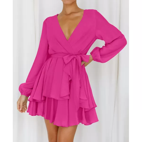 imageZESICA Womens Wrap V Neck Dress Long Sleeve 2023 Tie Waist Ruffle Hem Cocktail Wedding Party Swing Mini DressesRose