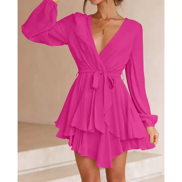 imageZESICA Womens Wrap V Neck Dress Long Sleeve 2023 Tie Waist Ruffle Hem Cocktail Wedding Party Swing Mini DressesRose