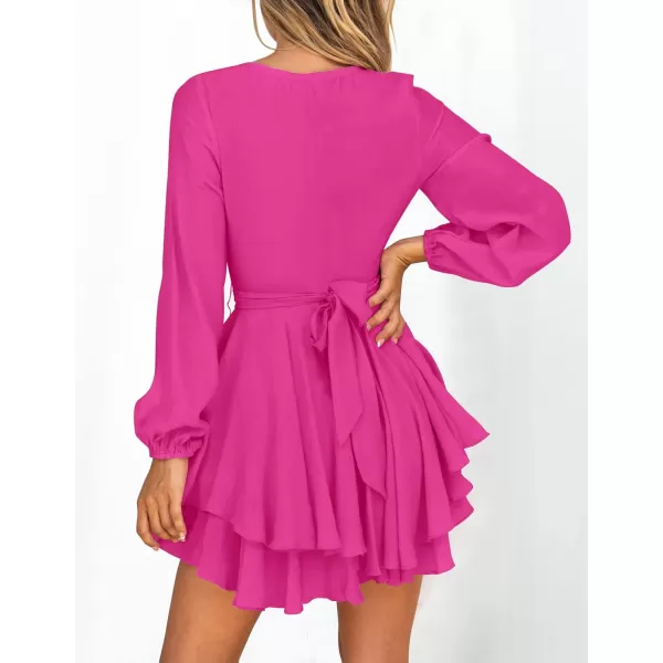 imageZESICA Womens Wrap V Neck Dress Long Sleeve 2023 Tie Waist Ruffle Hem Cocktail Wedding Party Swing Mini DressesRose