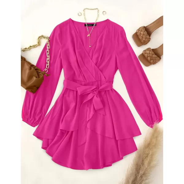 imageZESICA Womens Wrap V Neck Dress Long Sleeve 2023 Tie Waist Ruffle Hem Cocktail Wedding Party Swing Mini DressesRose