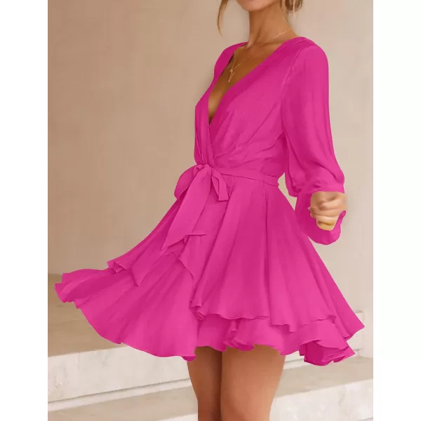 imageZESICA Womens Wrap V Neck Dress Long Sleeve 2023 Tie Waist Ruffle Hem Cocktail Wedding Party Swing Mini DressesRose