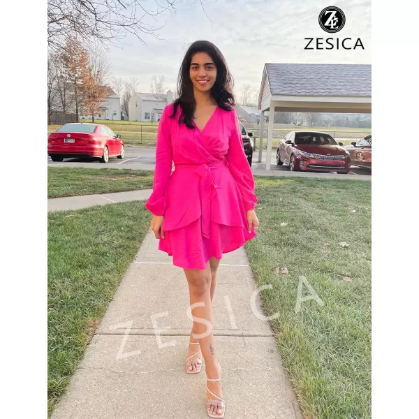 imageZESICA Womens Wrap V Neck Dress Long Sleeve 2023 Tie Waist Ruffle Hem Cocktail Wedding Party Swing Mini DressesRose