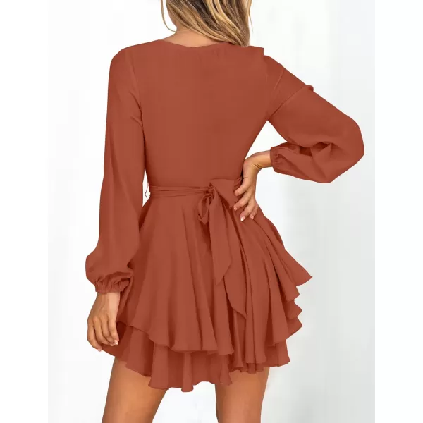 imageZESICA Womens Wrap V Neck Dress Long Sleeve 2023 Tie Waist Ruffle Hem Cocktail Wedding Party Swing Mini DressesRust