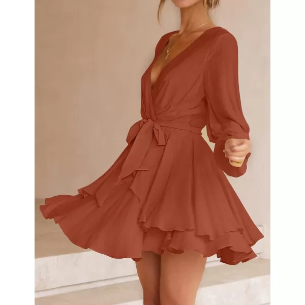 imageZESICA Womens Wrap V Neck Dress Long Sleeve 2023 Tie Waist Ruffle Hem Cocktail Wedding Party Swing Mini DressesRust