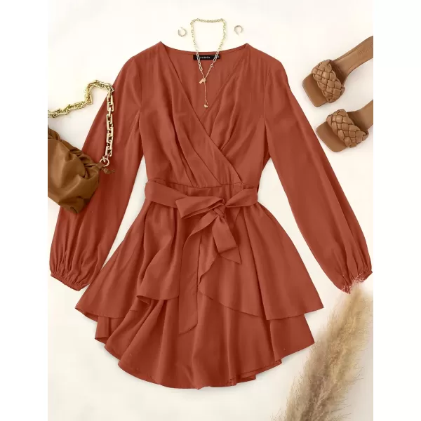 imageZESICA Womens Wrap V Neck Dress Long Sleeve 2023 Tie Waist Ruffle Hem Cocktail Wedding Party Swing Mini DressesRust